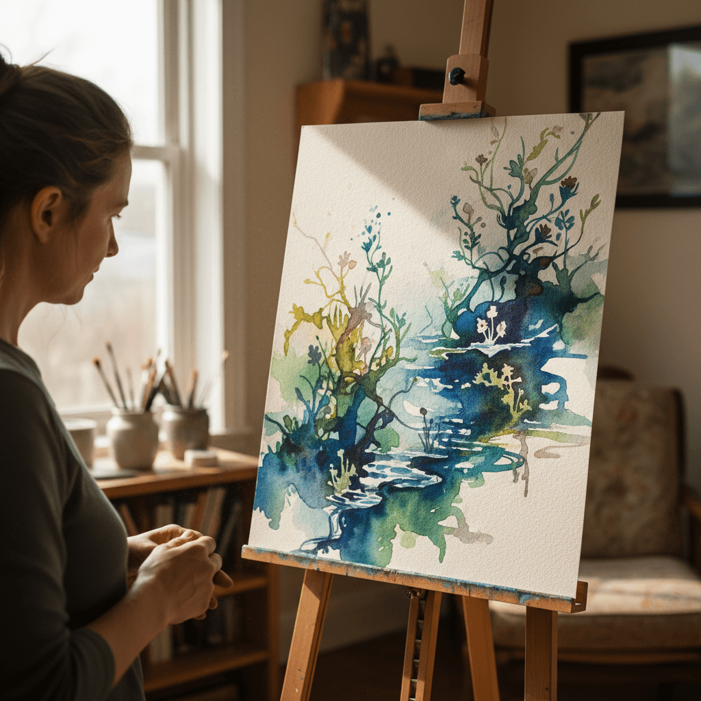 Watercolor painting on easel in progress, viewed from studio perspective