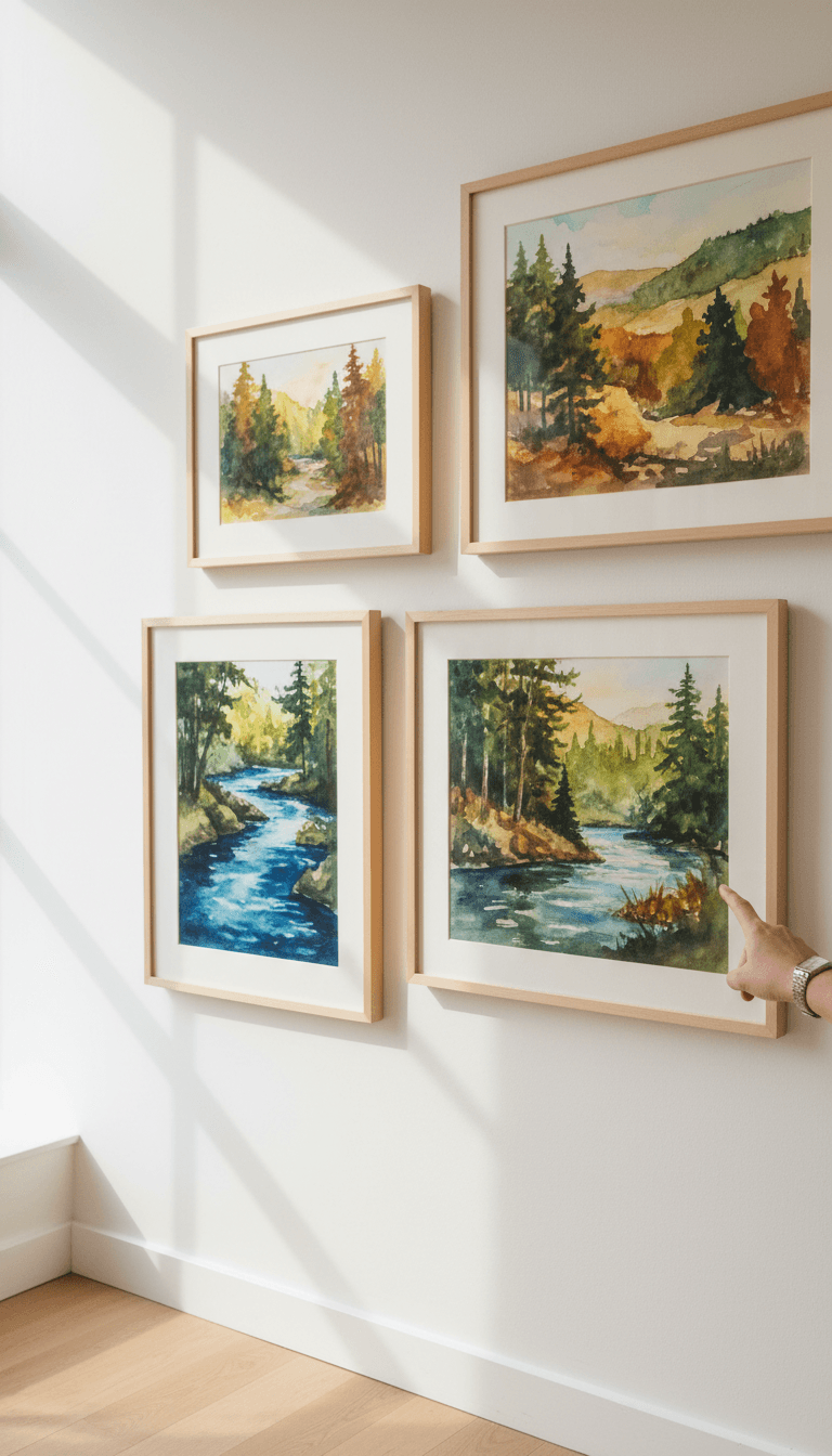 Roberta Rhodes watercolor paintings displayed in a New York gallery with natural light