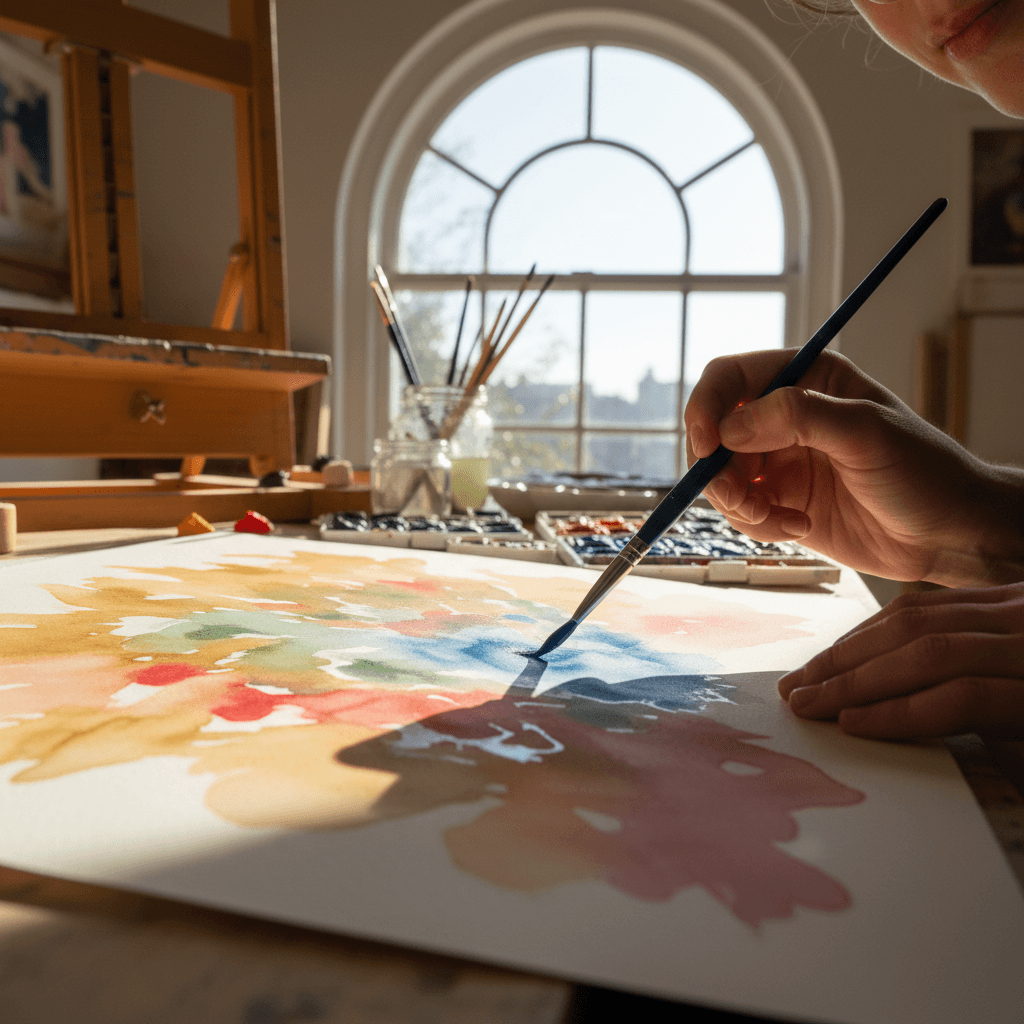 Artist's hands painting with watercolor brush over wet paper