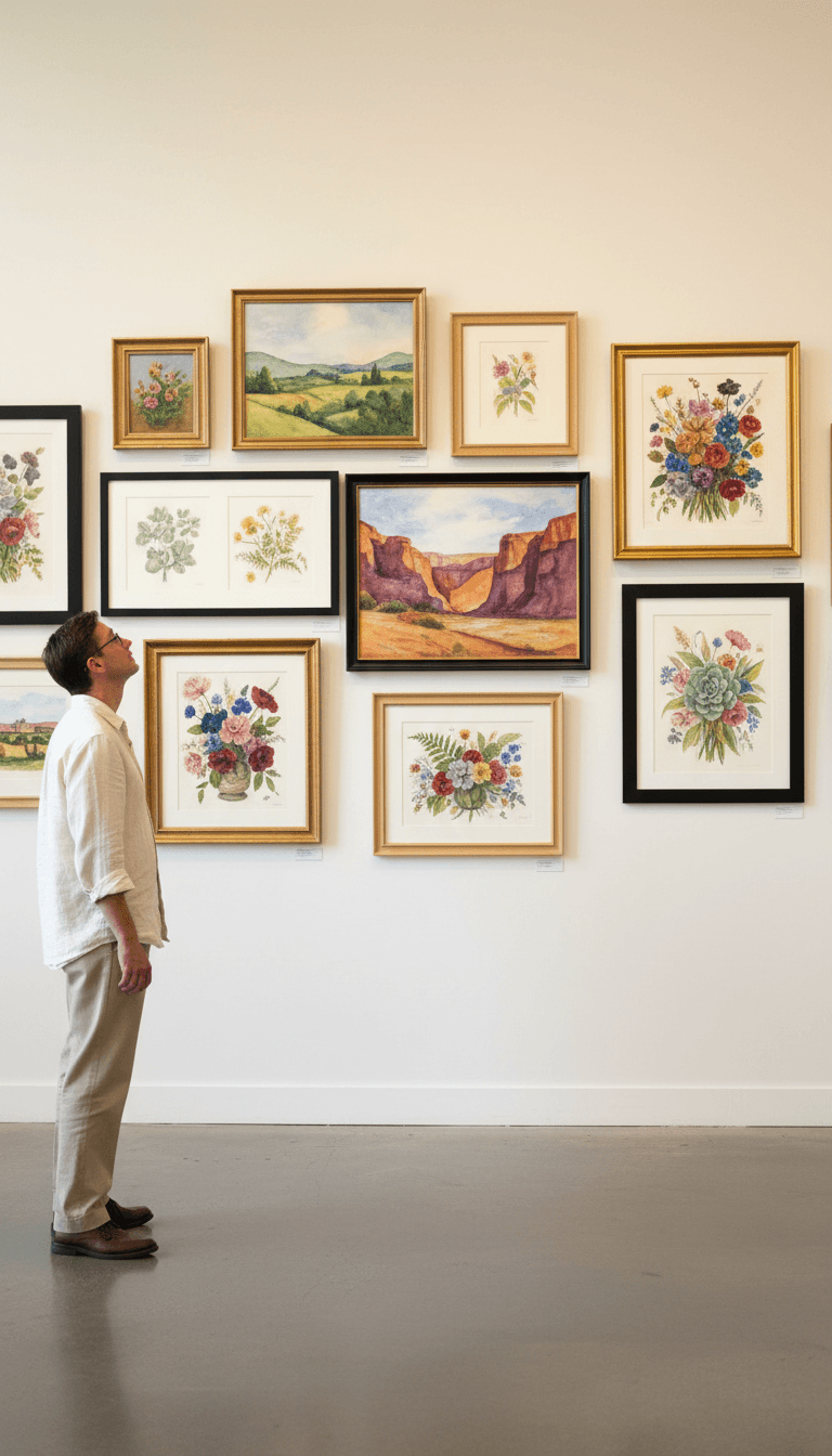 Gallery wall displaying framed watercolor paintings
