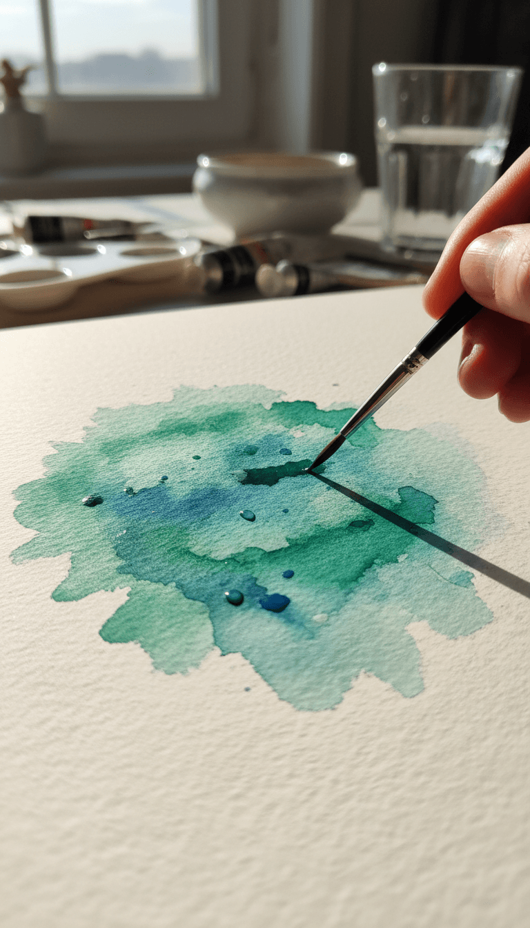 Watercolor artist's hand painting with blue and green pigments on textured paper