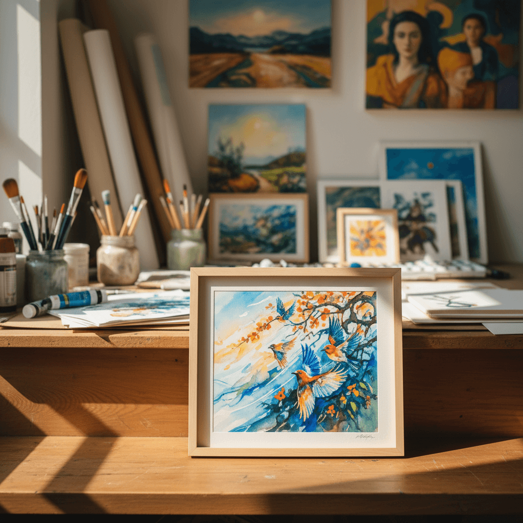 Completed watercolor painting leaning on studio shelf surrounded by art supplies