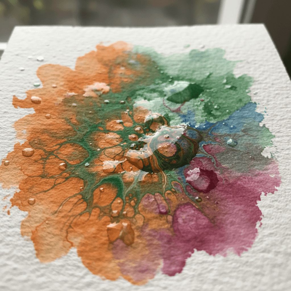 Close-up detail of watercolor pigments blooming and blending on wet paper surface