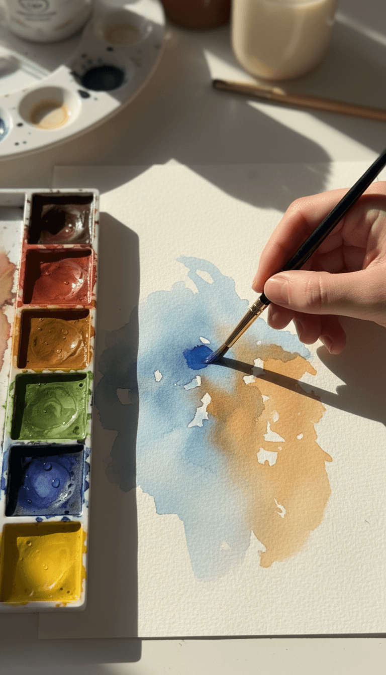 Artist's hand applying vibrant watercolor to paper with natural light illuminating the pigments