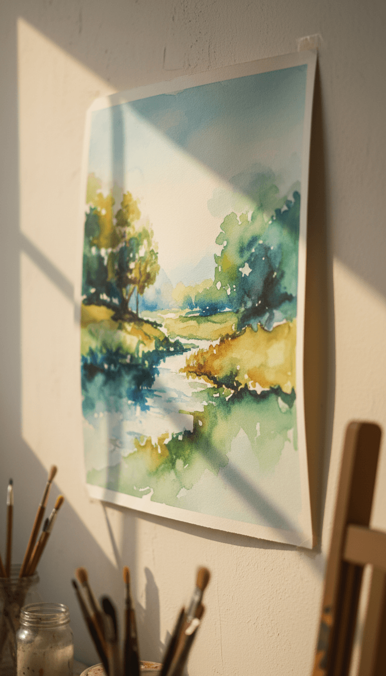 Finished watercolor painting displaying vibrant natural colors and emotional light