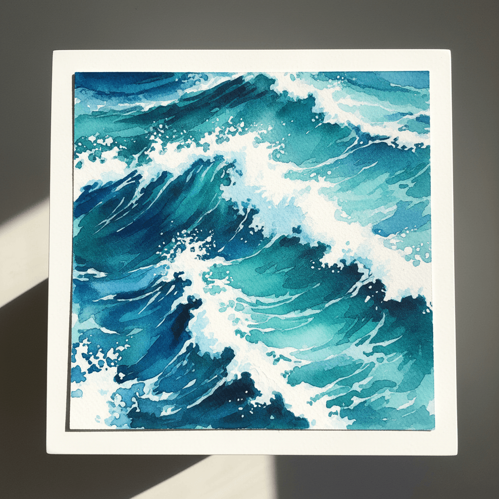 Watercolor painting of dynamic ocean waves with bold brushwork