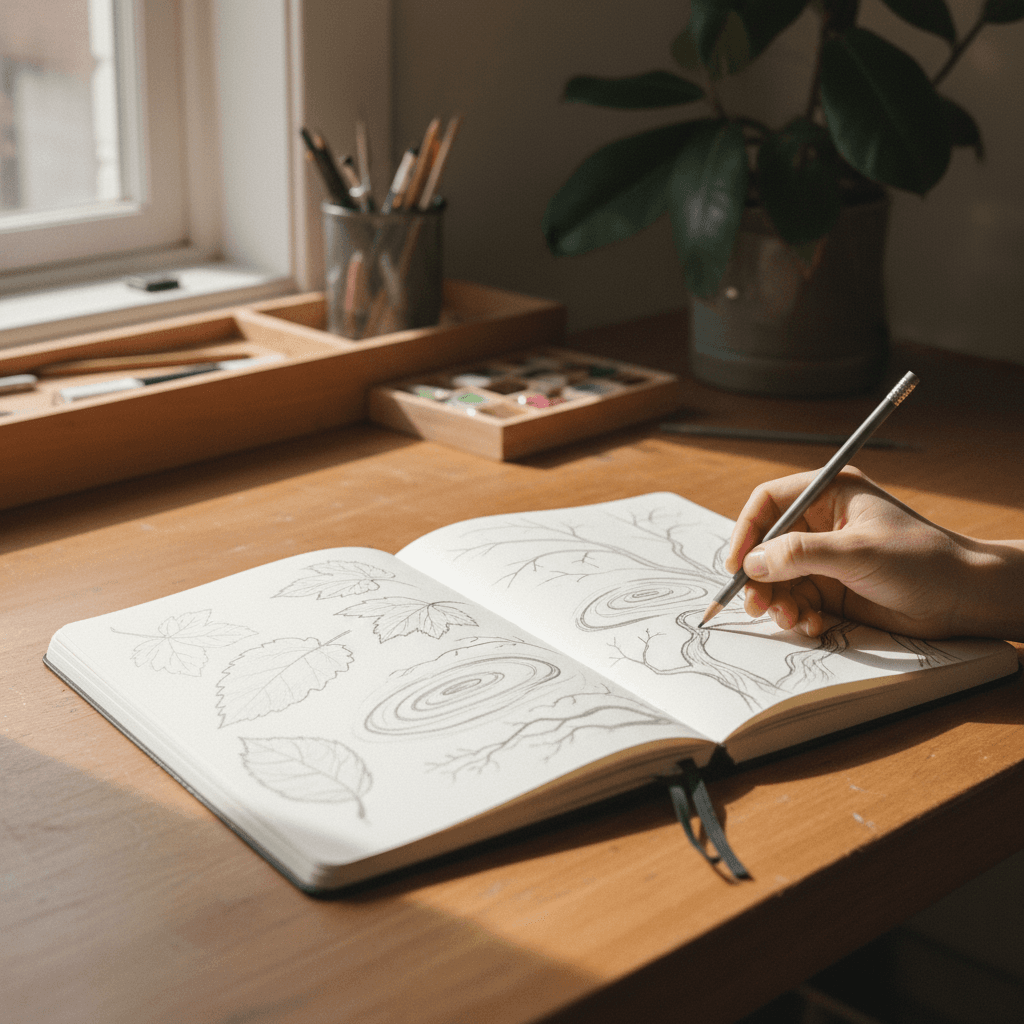 Artist sketching natural forms in an open sketchbook at a wooden studio table