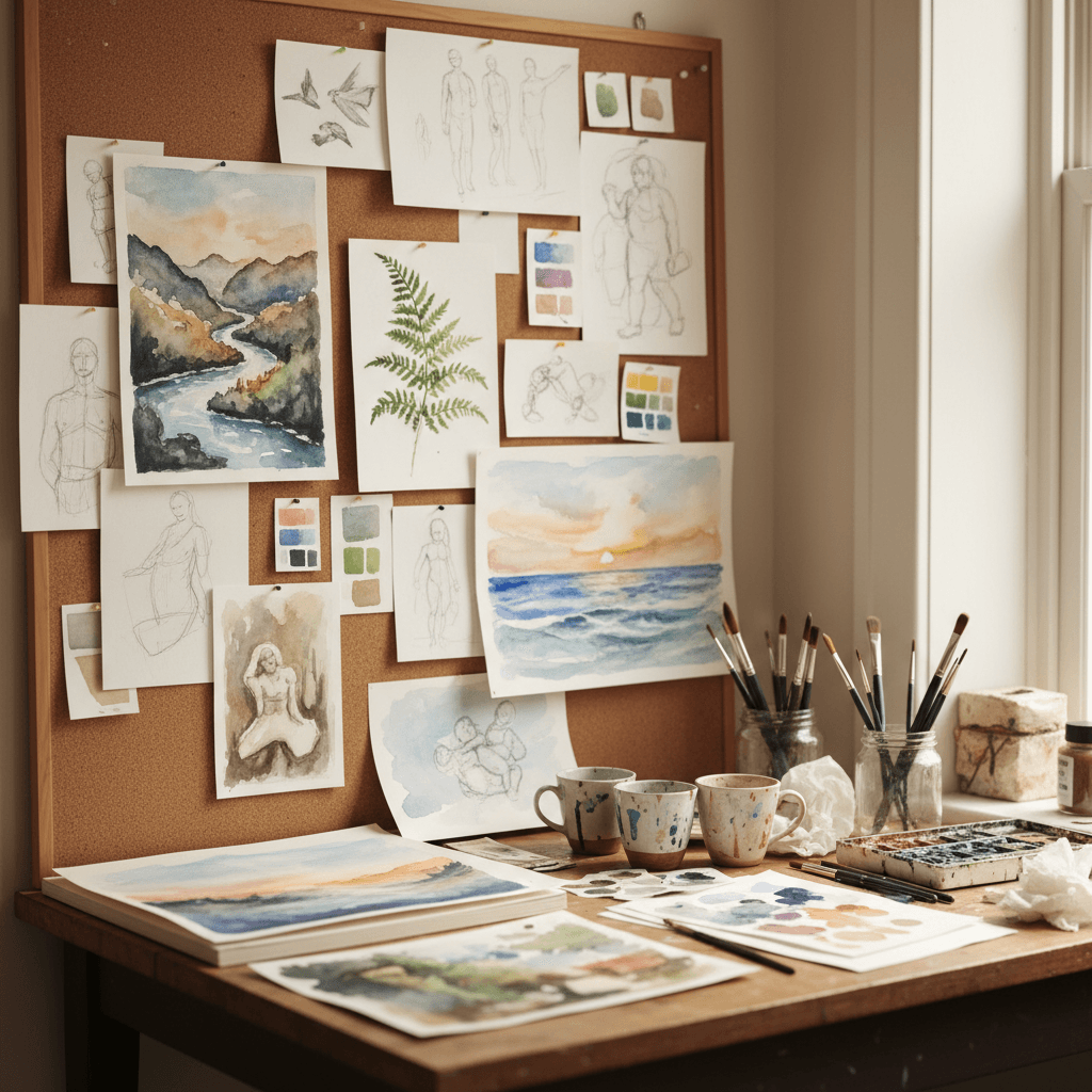 Studio wall display showing finished watercolor paintings and preliminary sketches