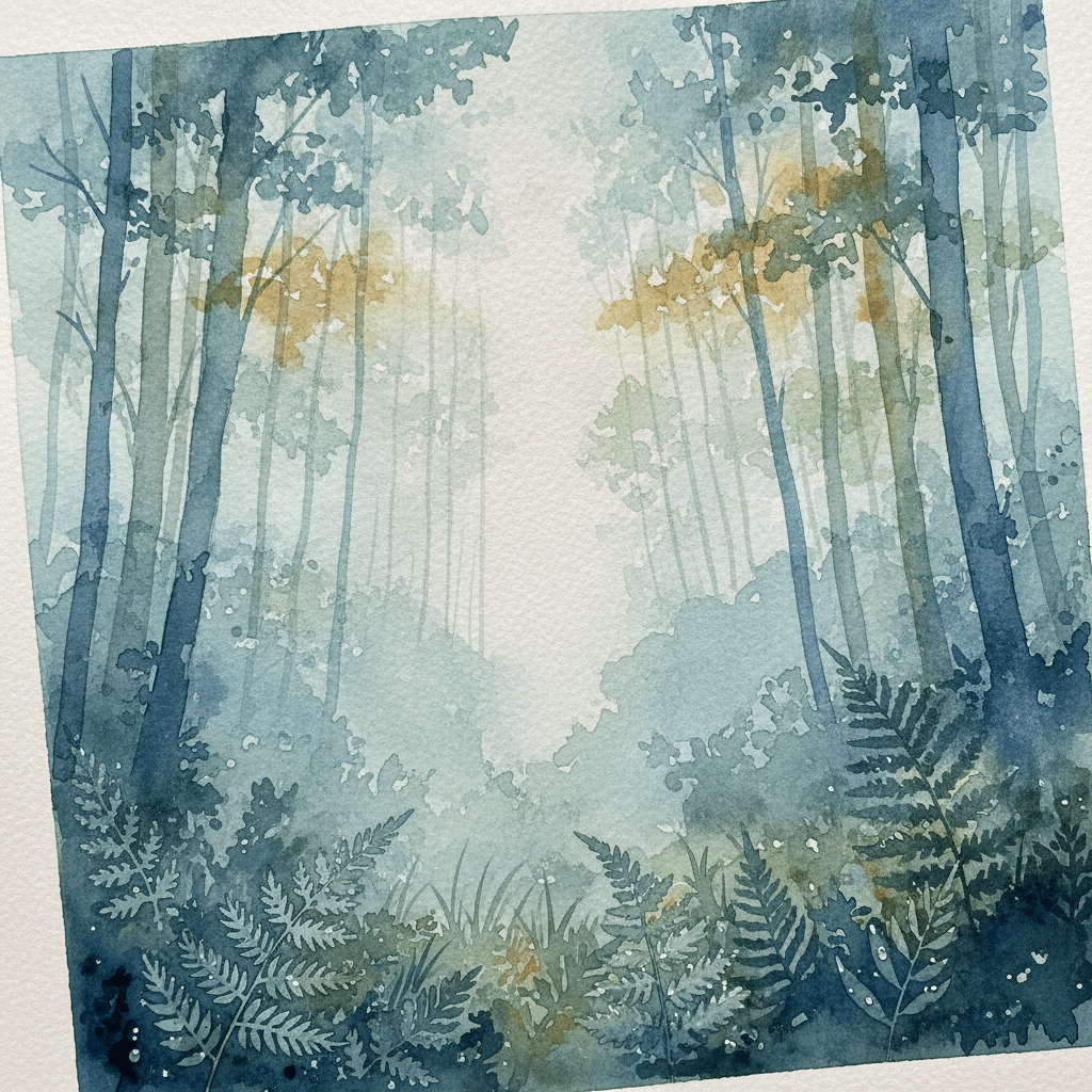 Finished watercolor landscape painting of a misty forest