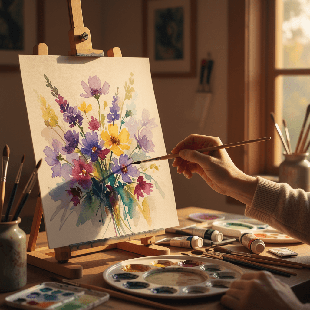 Watercolor painting of wildflowers in progress on an easel