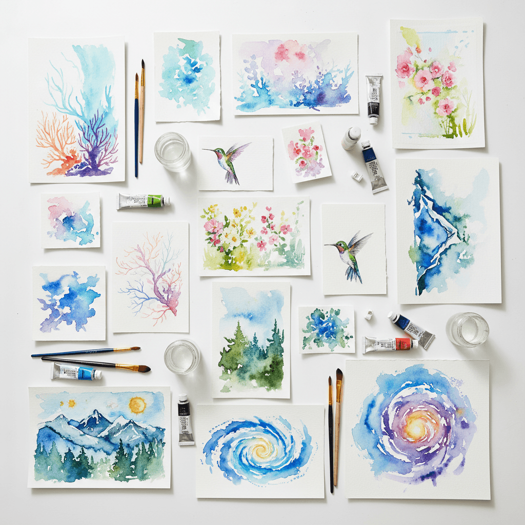 Multiple watercolor paintings and studies spread across studio table in natural light