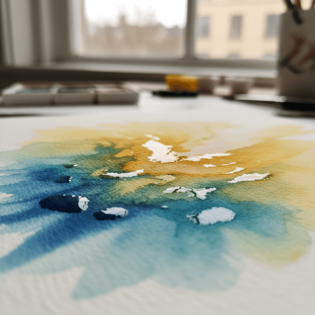 Close-up of wet watercolor paint bleeding and blending on paper during painting