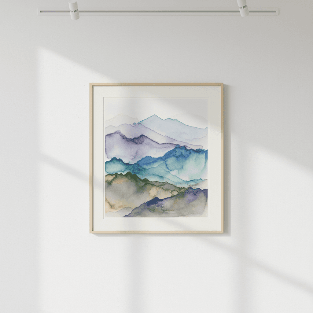 Finished watercolor landscape painting displayed on gallery wall featuring purple mountain layers