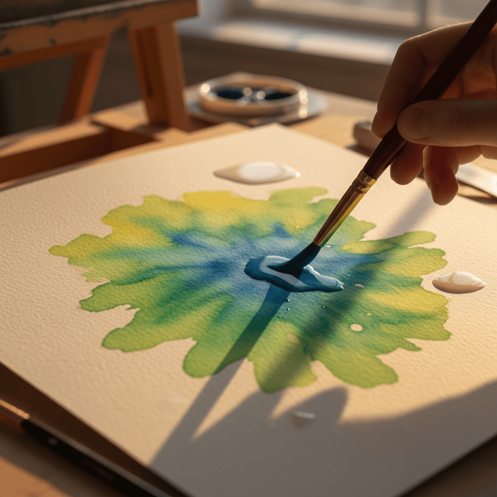 Watercolor painting in progress with vibrant blue and yellow pigments blending on wet paper