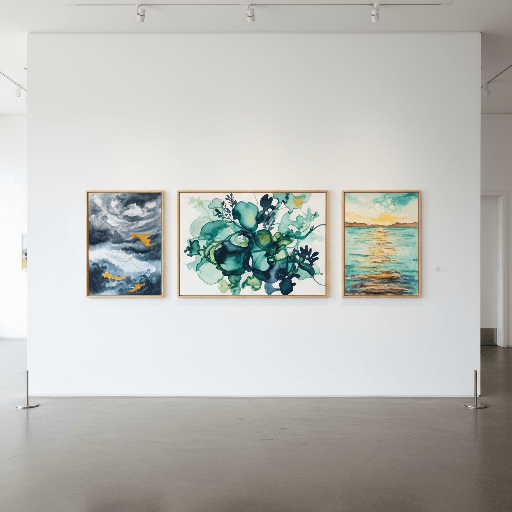 Gallery wall displaying three framed watercolor paintings in salon-style arrangement