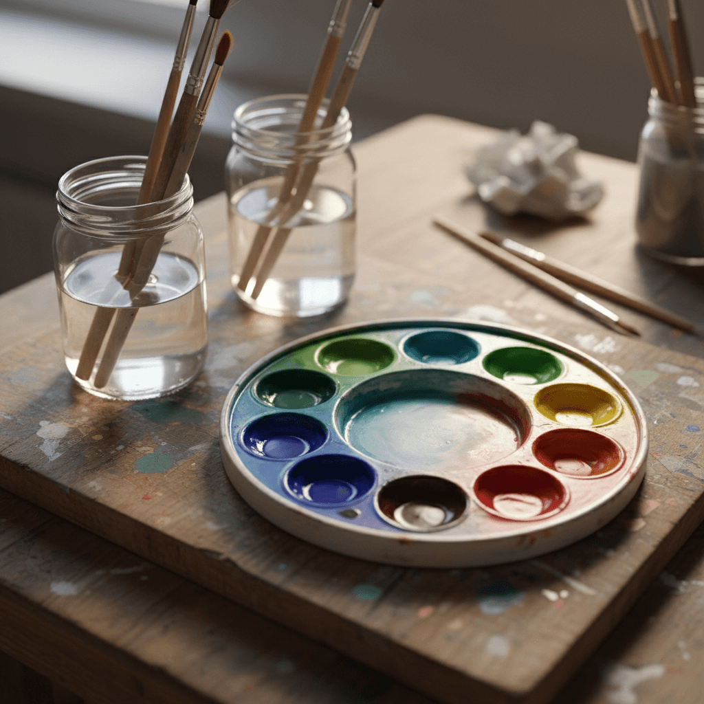 Vibrant watercolor palette with mixed pigments and brushes in studio light