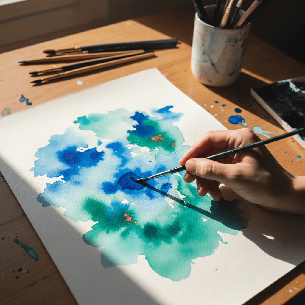 Artist's hands painting with vibrant watercolors on wet paper