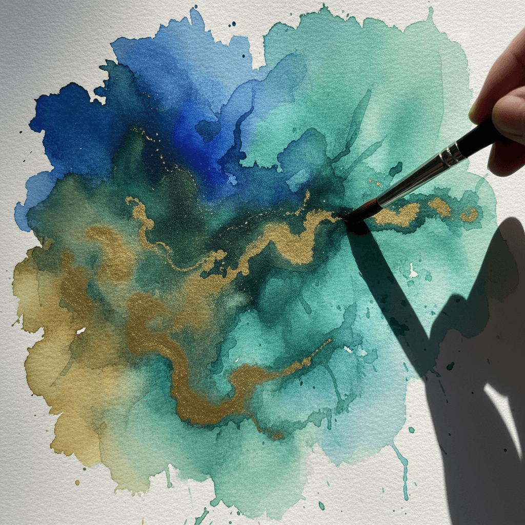 Watercolor brushstrokes in vibrant blues and greens with dramatic side lighting during painting process