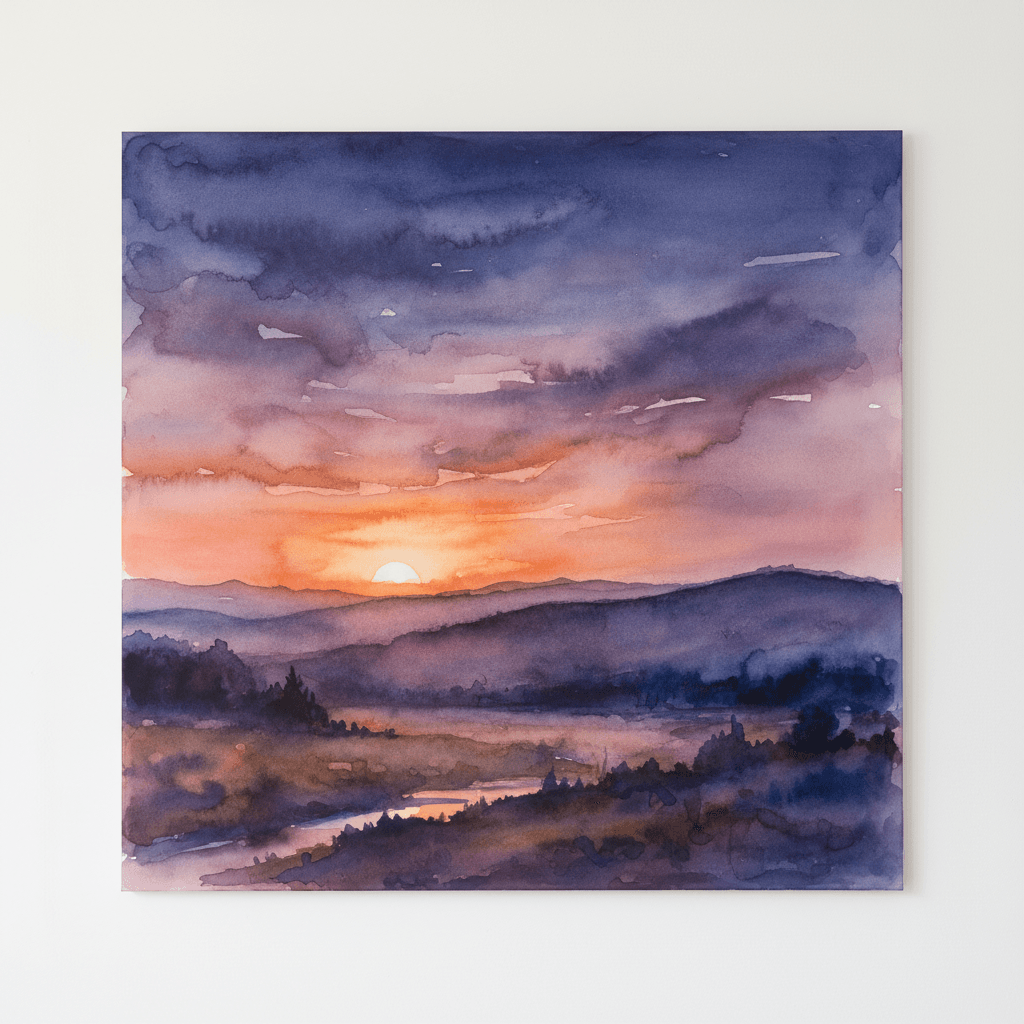 Large watercolor sunset landscape with atmospheric depth