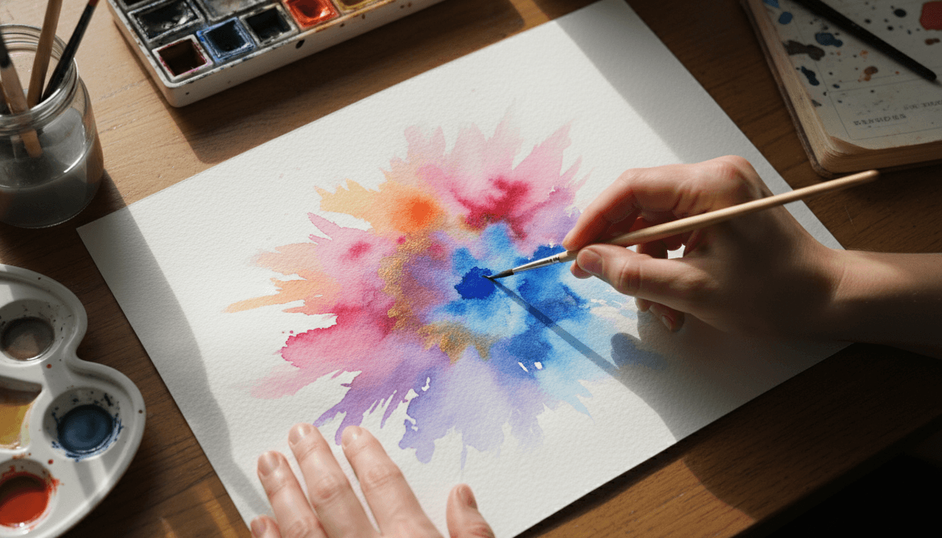 Roberta Rhodes painting a watercolor work at her studio desk in New York