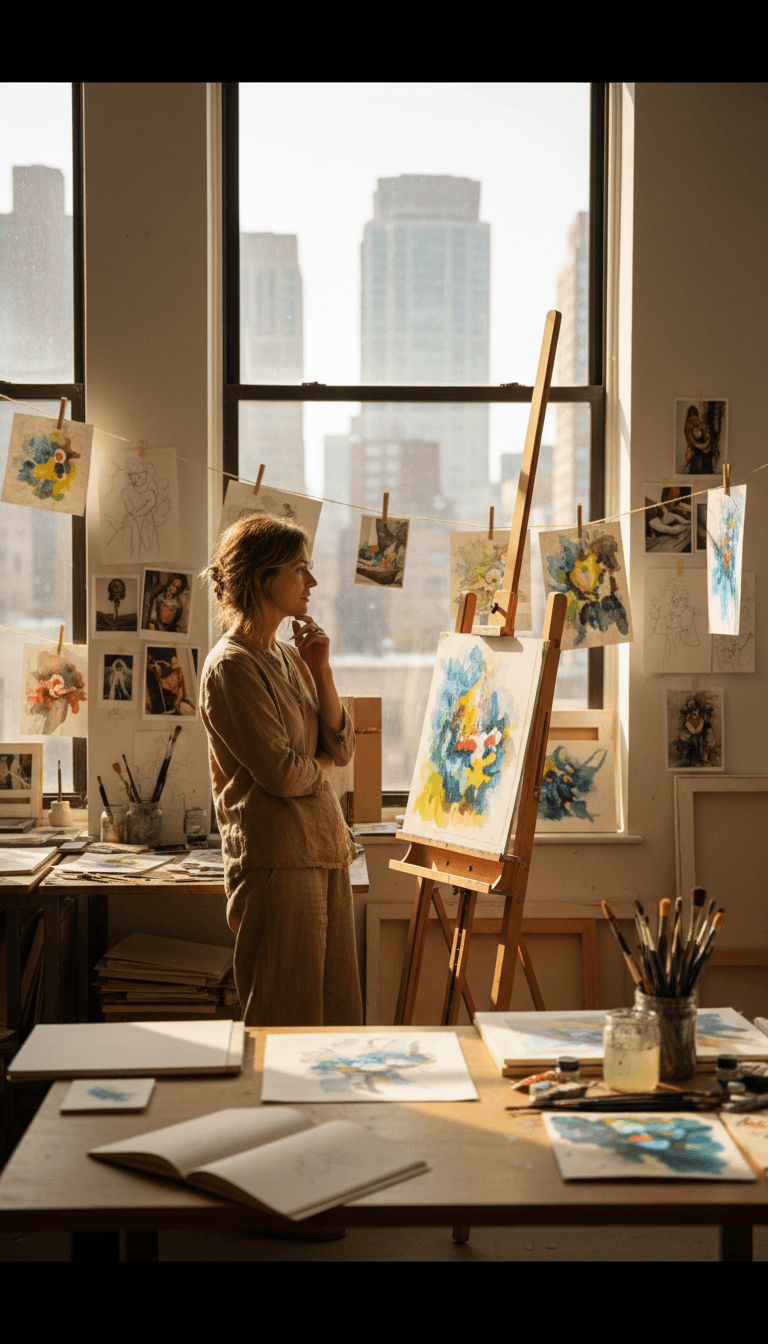 Roberta Rhodes in her New York studio surrounded by watercolor paintings