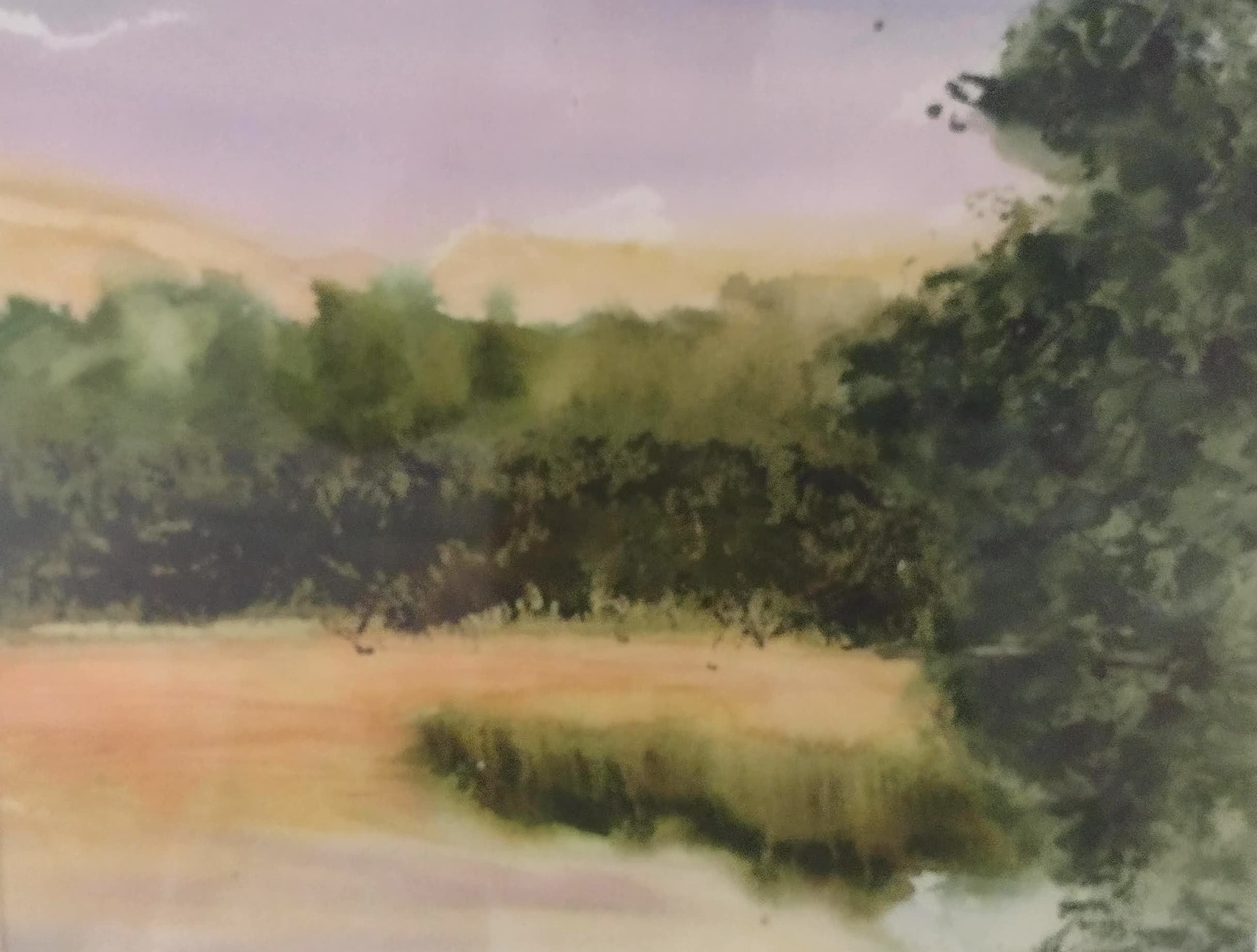 Soft-focus watercolor landscape with a lush green forest, golden field, and pale purple sky.