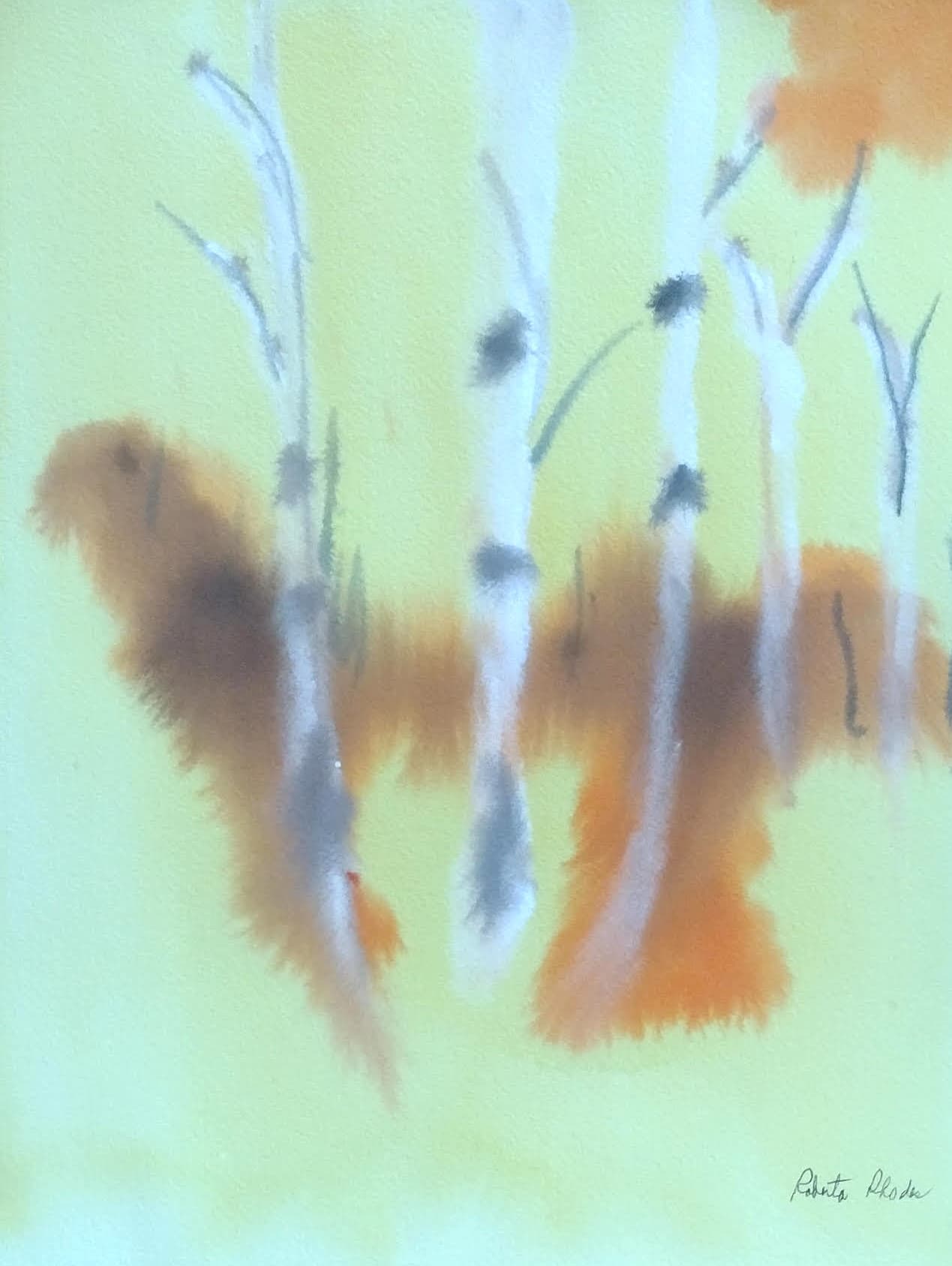 Impressionistic watercolor painting of white birch trees with orange foliage against a pale green background.