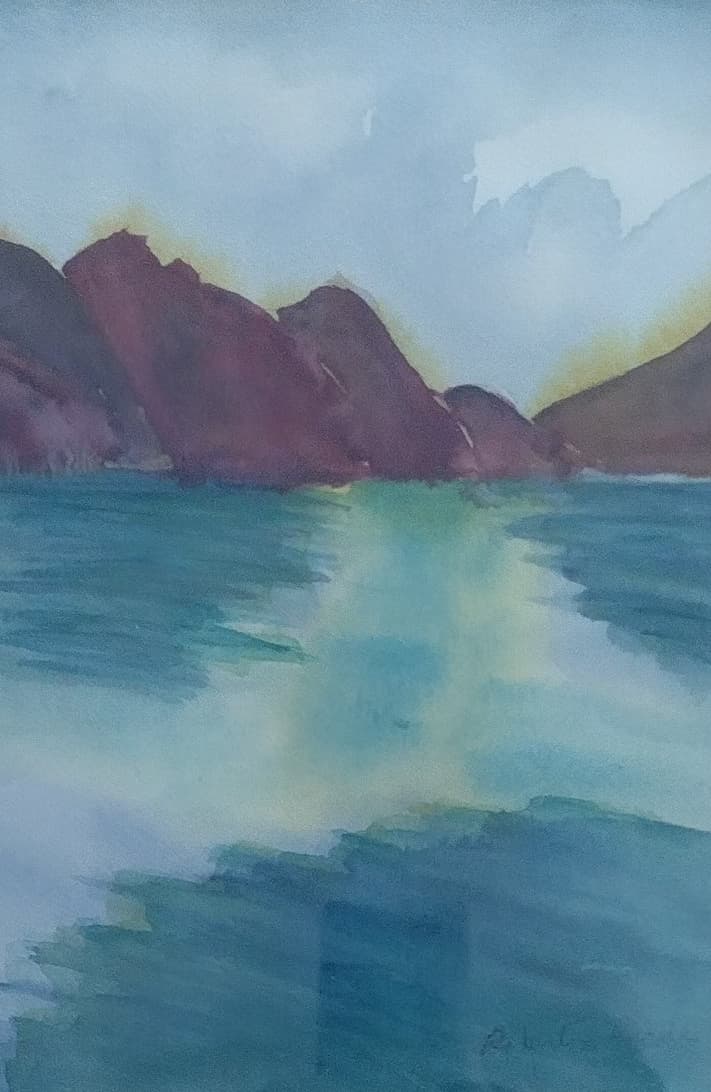 Abstract watercolor painting featuring vertical washes of teal, green, and purple on a light background.