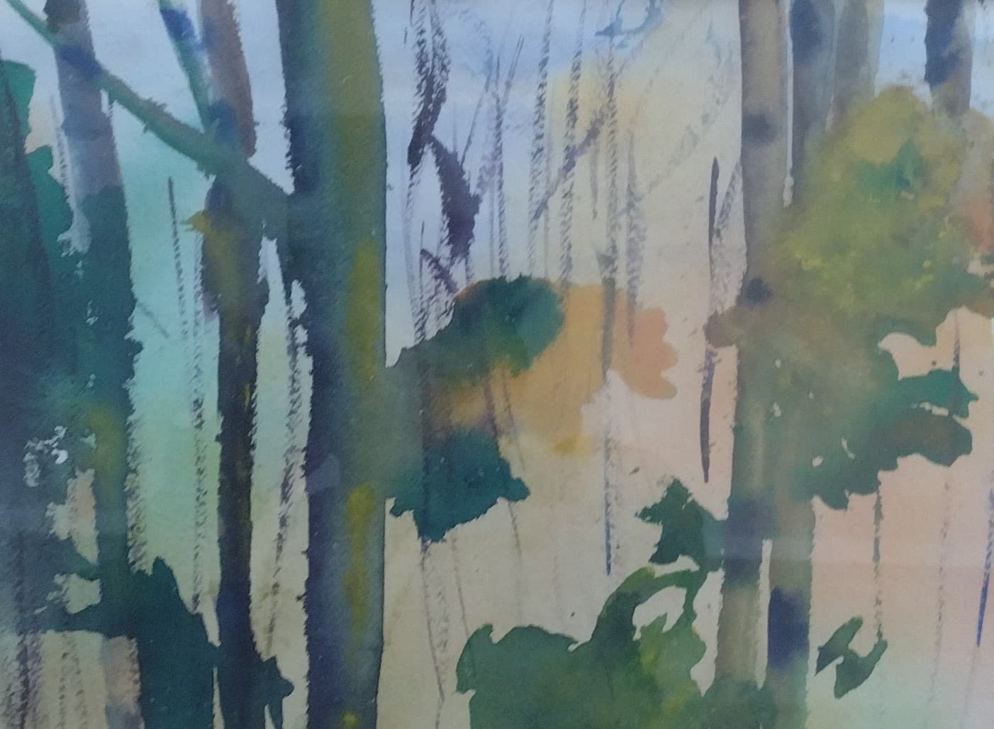 Abstract watercolor painting of a forest with vertical green and blue tree trunks and foliage.