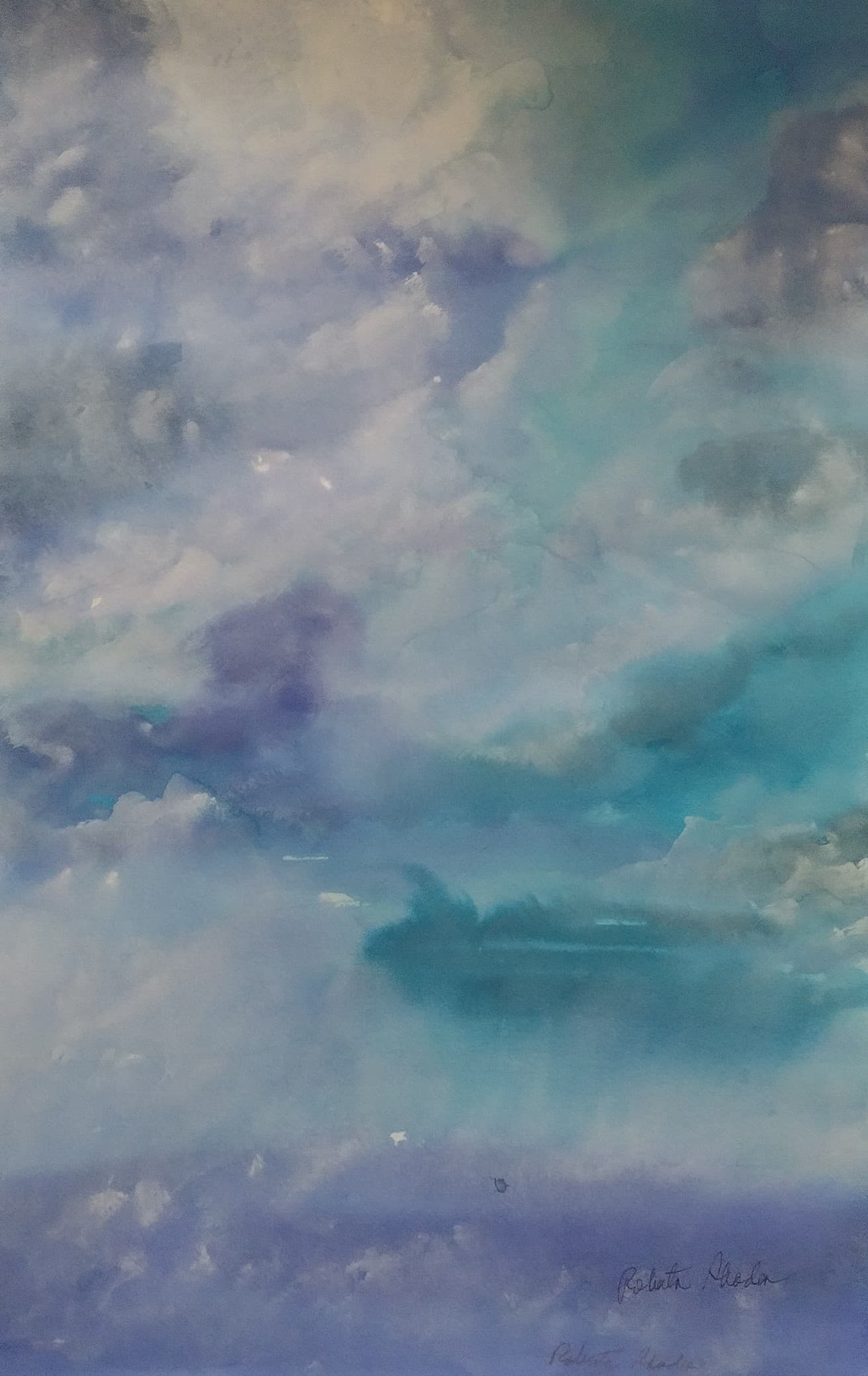 Atmospheric watercolor painting of a sky filled with soft, wispy blue, purple, and white clouds.