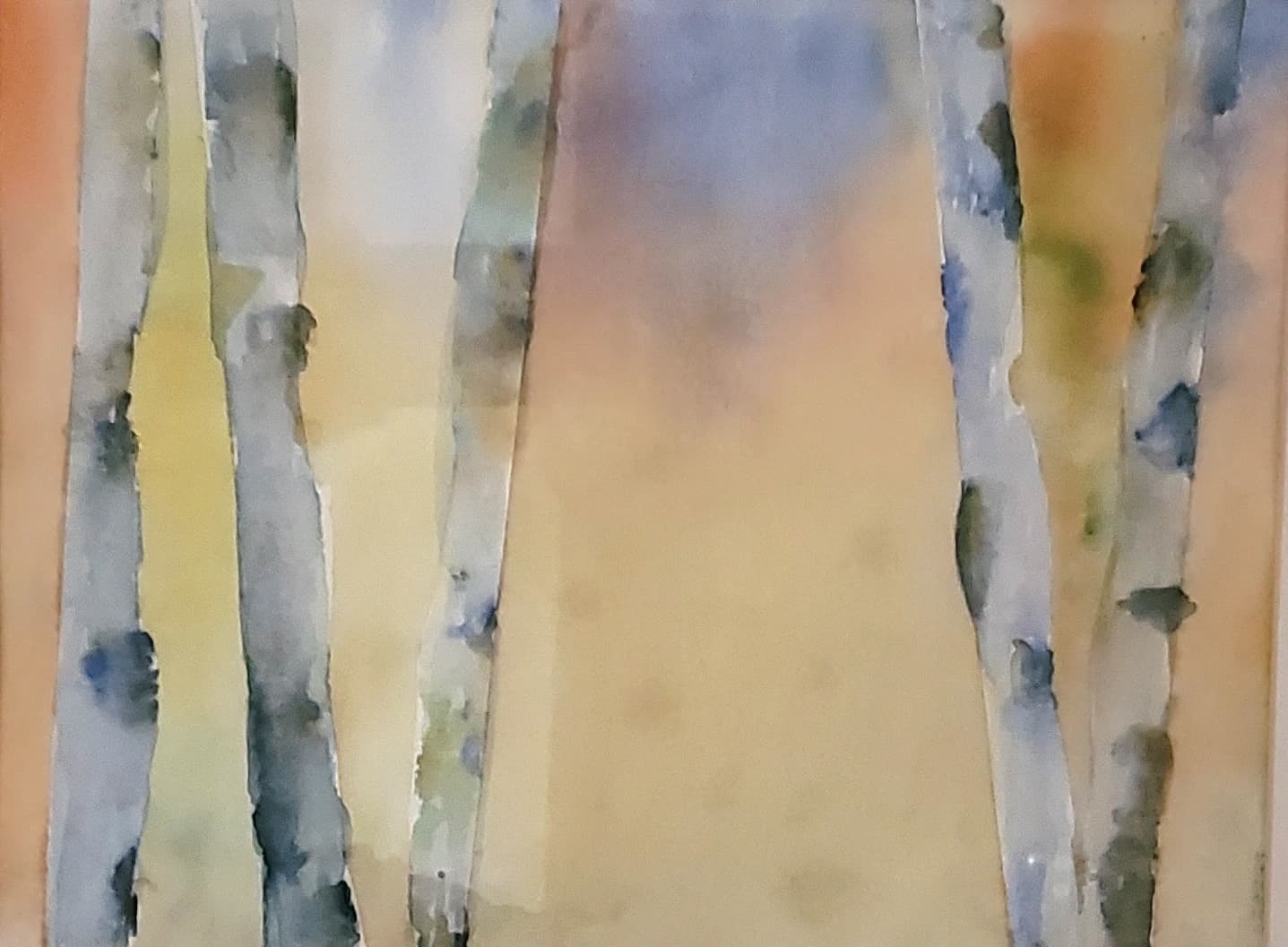 Soft watercolor painting featuring vertical birch tree trunks against a hazy, multicolored pastel background.