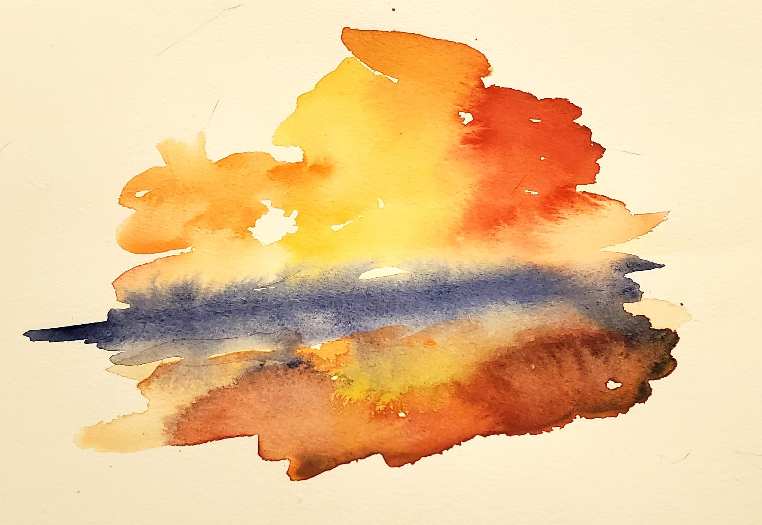 Abstract watercolor painting with warm orange and yellow sky over a dark blue horizon.