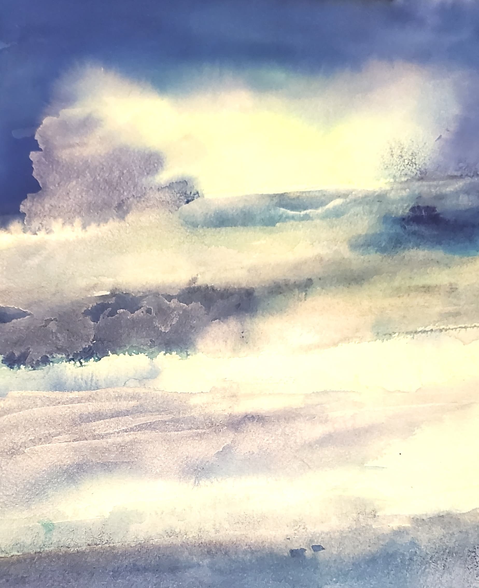 Atmospheric watercolor painting of soft yellow light filtering through layers of blue and grey clouds.