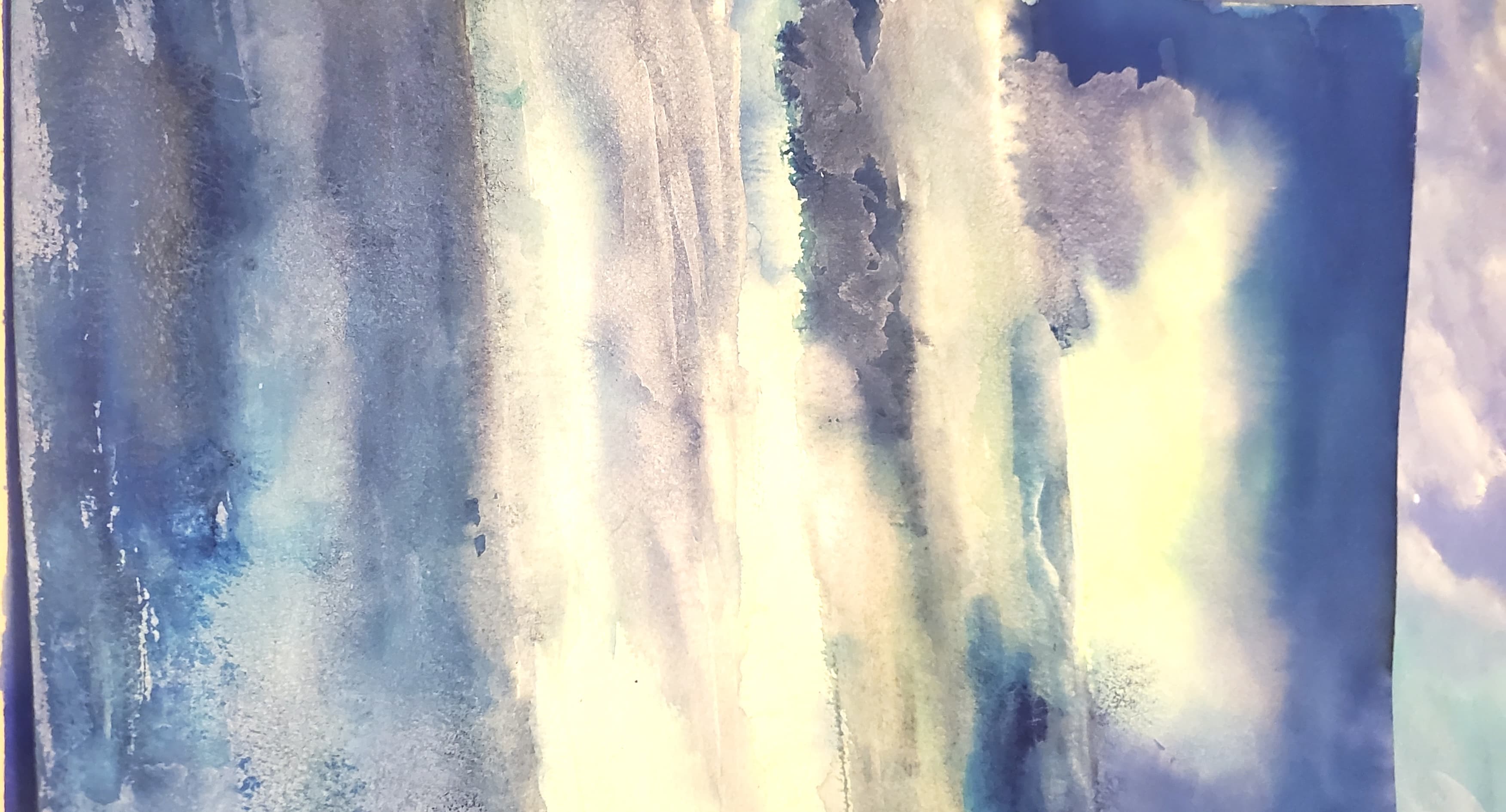 Abstract watercolor painting featuring vertical streaks of blue and white with a central glow.