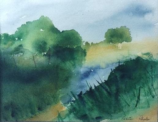 Impressionistic watercolor landscape featuring lush green trees, a golden field, and a soft blue sky.