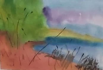 Impressionistic watercolor landscape featuring a blue lake, green trees, and a soft purple sky.