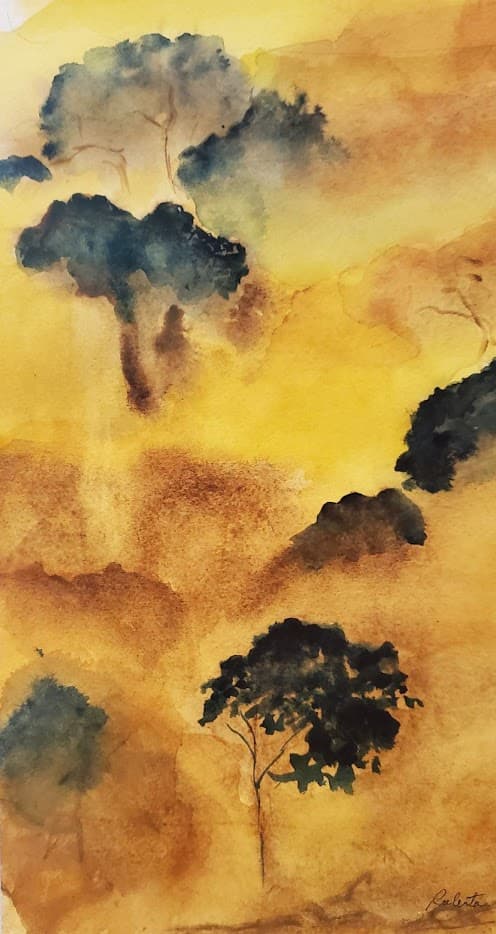 Impressionistic watercolor of dark trees silhouetted against a warm, hazy yellow and orange background.