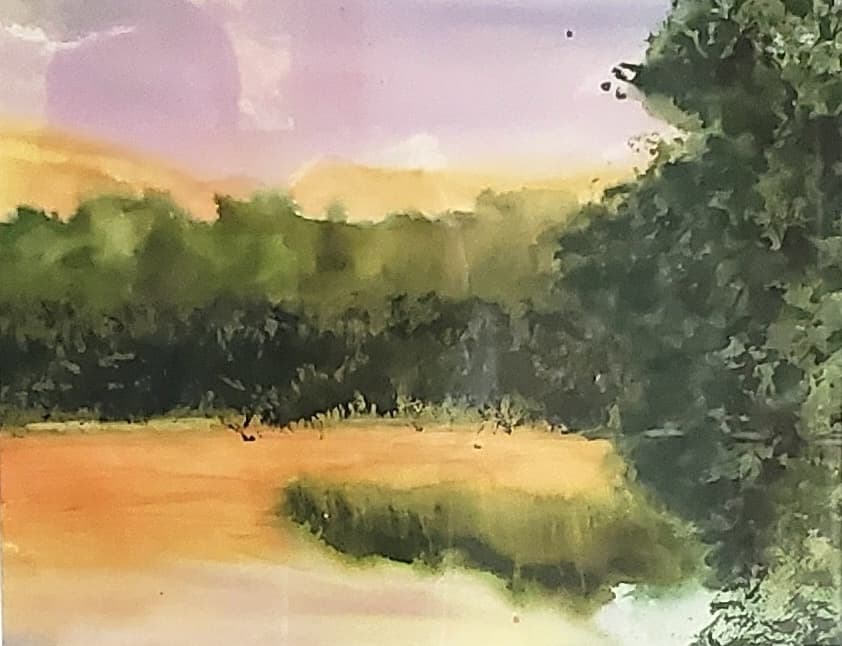 Impressionistic painting of a calm river reflecting a purple and gold sky, framed by trees.