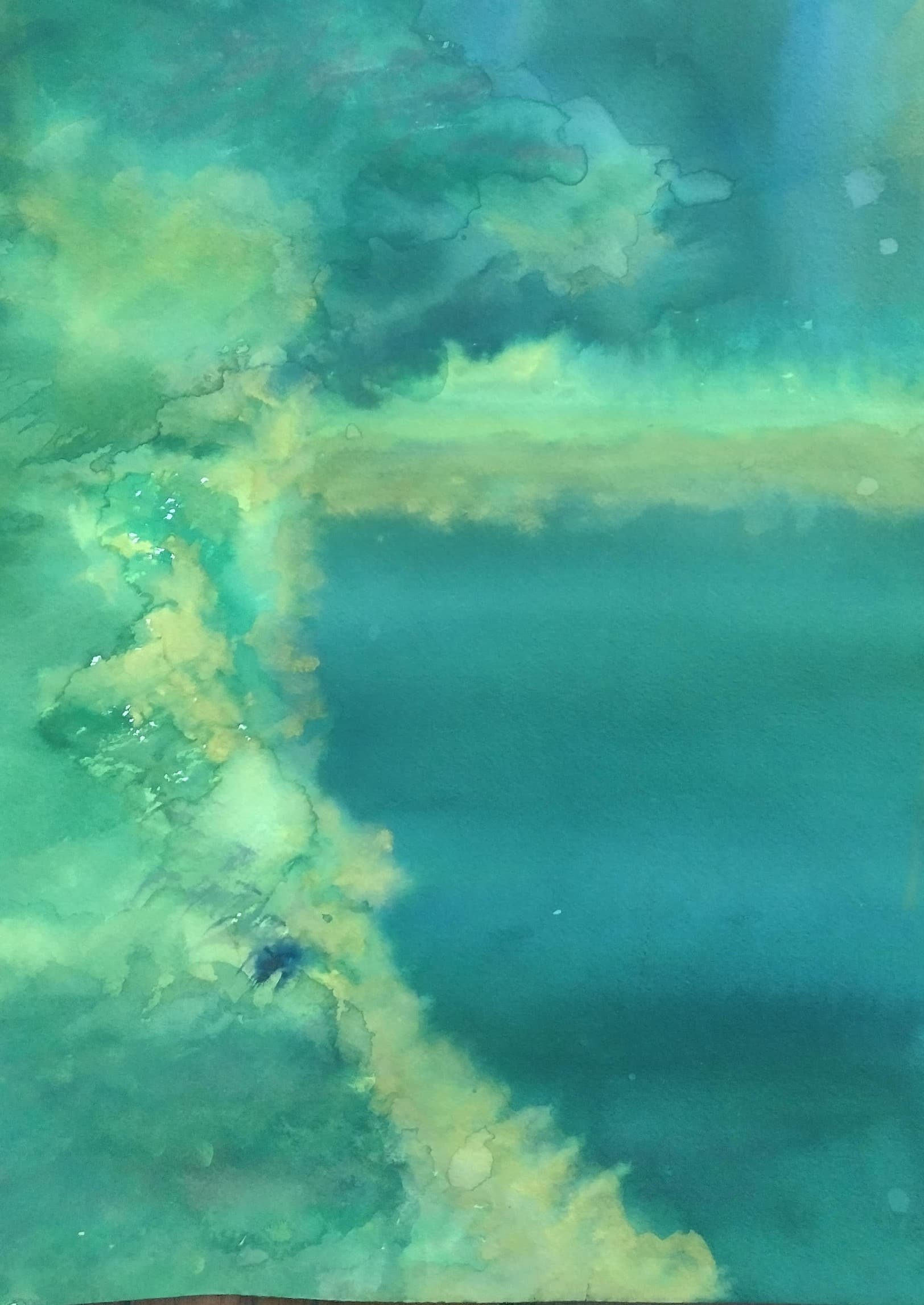 Abstract watercolor painting with fluid washes of teal, emerald green, and pale yellow organic shapes.