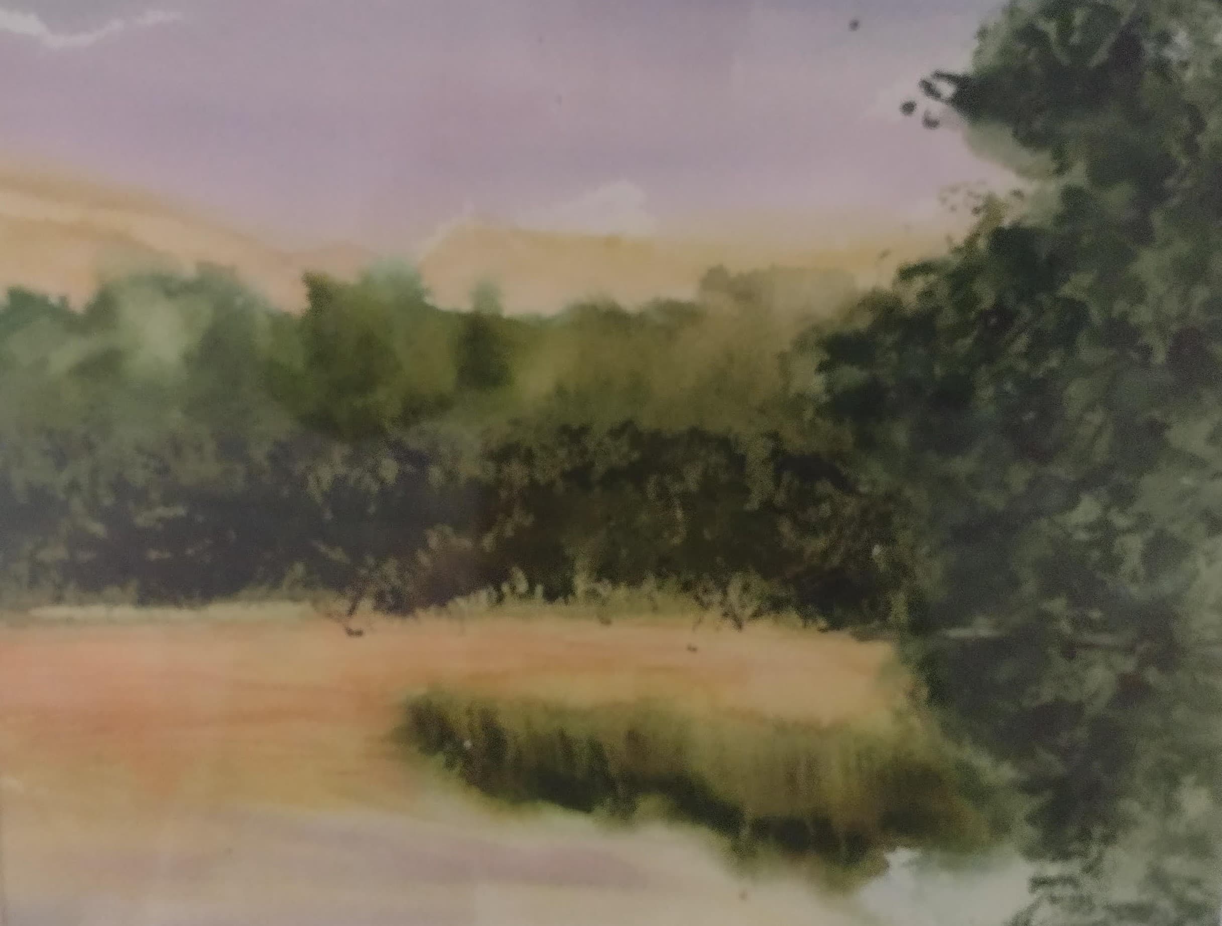 Impressionistic watercolor painting of a green forest and golden field under a hazy purple sky.